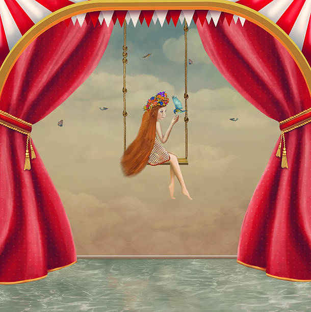 L'architecture des Miracles — illustration du spectacle de Roma Laudarium : une jeune fille sur une balançoire au-dessus des nuages, encadrée de rideaux de théâtre rouges
